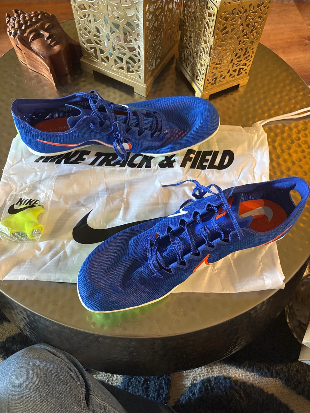 Nike Blue/Lime Track and Field Distance Spikes w Orange Swoosh/Neon Green Sole.